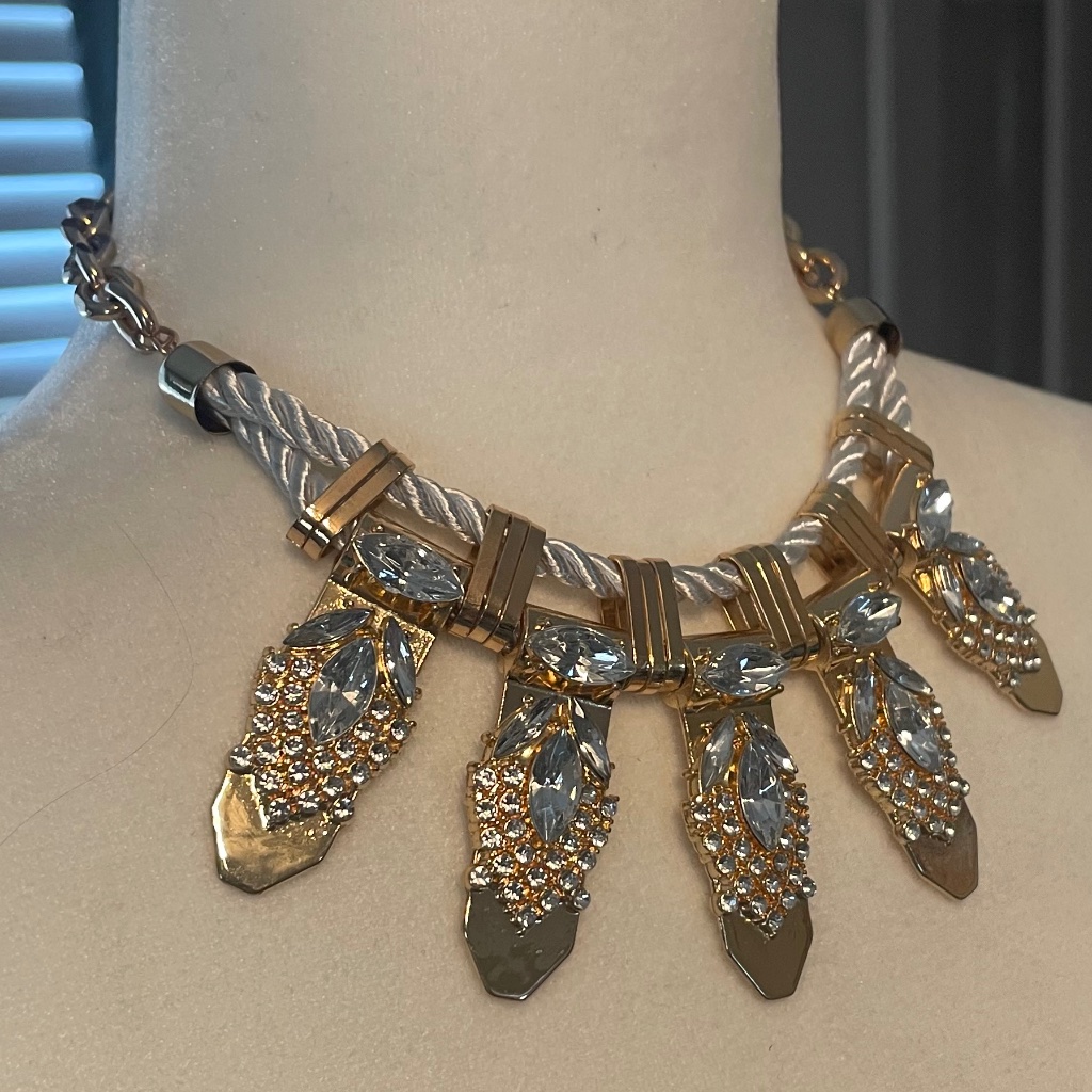 Leslie Danzis Rhinestone Necklace W/White Rope Detailing - Gold Tone